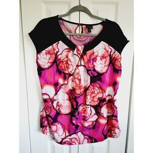 Worthington XL Women's Pink‎ And Black Floral Short Sleeve Blouse Keyholes